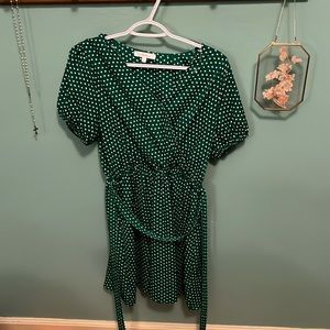 Women’s faux-wrap style green dress with white polka dots, M